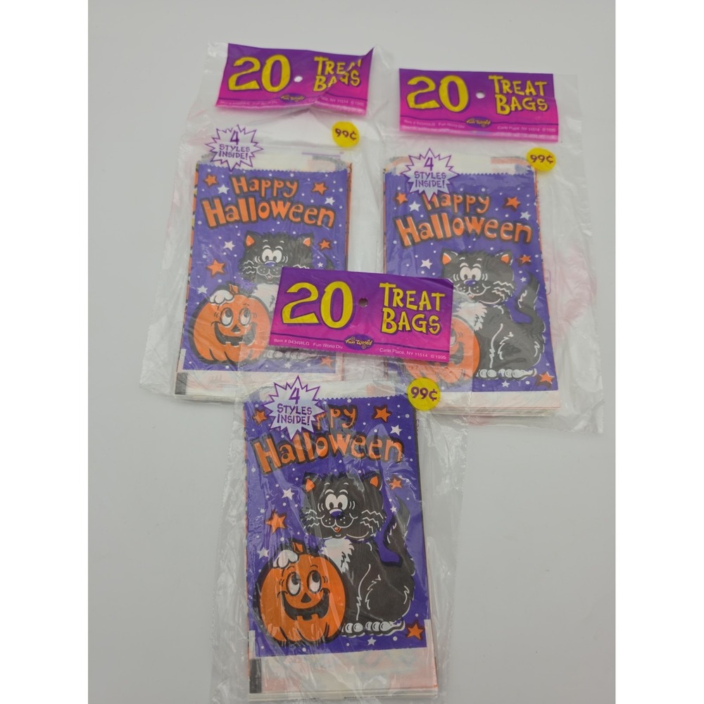 Lot Of 3 Fun World 1995 20 Vintage Halloween Trick Treat Paper Bags Pumpkin